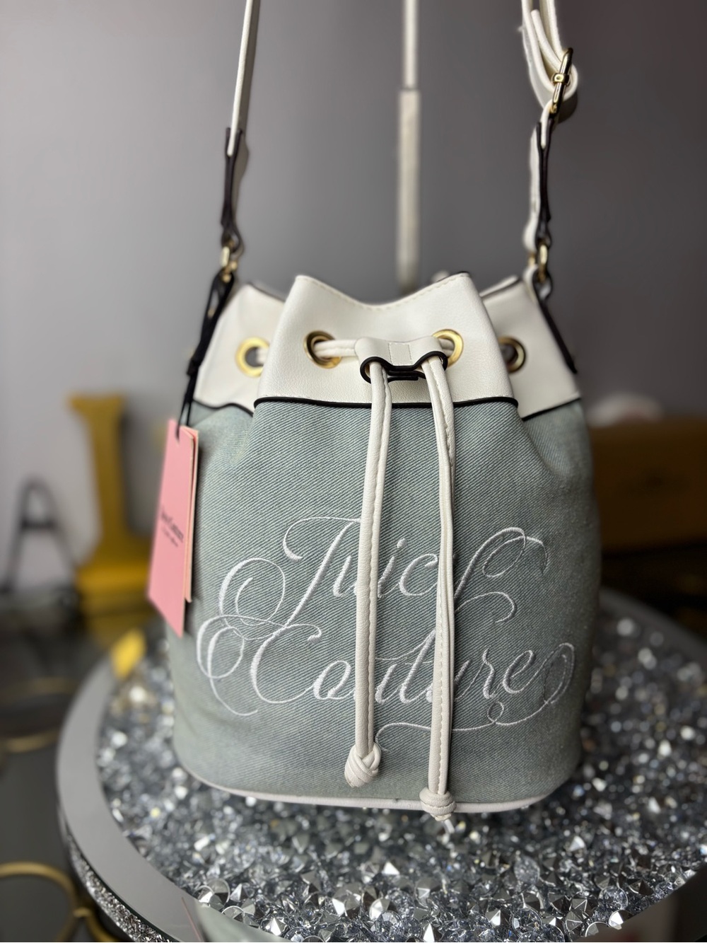 Juicy Couture Beach Crossbody Denim Blue Drawstring Bucket Bag NWT